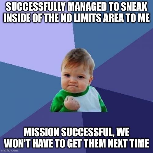 YAY. For like 3 seconds | SUCCESSFULLY MANAGED TO SNEAK INSIDE OF THE NO LIMITS AREA TO ME; MISSION SUCCESSFUL, WE WON'T HAVE TO GET THEM NEXT TIME | image tagged in memes,success kid | made w/ Imgflip meme maker