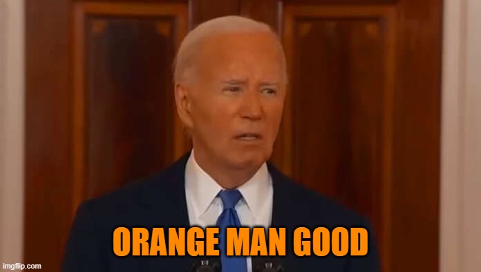 Orange man gooder | ORANGE MAN GOOD | image tagged in maga,make america great again,fjb,joe biden,biden,dementia | made w/ Imgflip meme maker