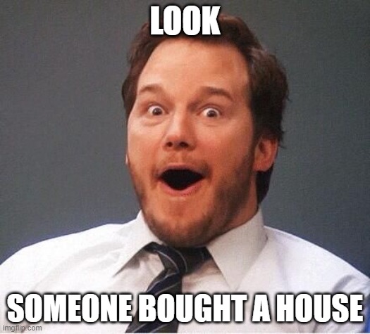 new house owner | LOOK; SOMEONE BOUGHT A HOUSE | image tagged in excited | made w/ Imgflip meme maker