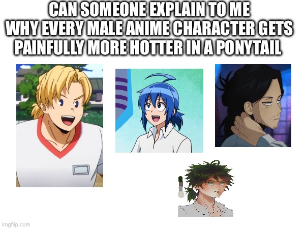 CAN SOMEONE EXPLAIN TO ME WHY EVERY MALE ANIME CHARACTER GETS PAINFULLY MORE HOTTER IN A PONYTAIL | made w/ Imgflip meme maker