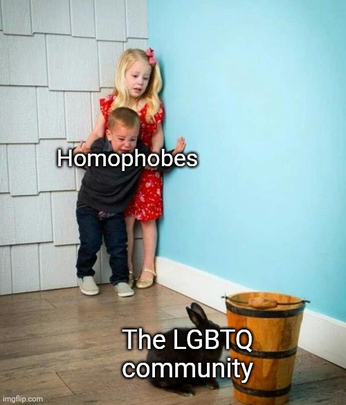 Children scared of rabbit | Homophobes; The LGBTQ community | image tagged in children scared of rabbit | made w/ Imgflip meme maker