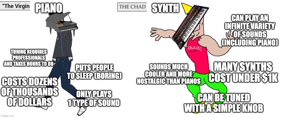 The virgin piano vs the chad synth | PIANO; SYNTH; CAN PLAY AN INFINITE VARIETY OF SOUNDS (INCLUDING PIANO); TUNING REQUIRES PROFESSIONALS AND TAKES HOURS TO DO; MANY SYNTHS COST UNDER $1K; SOUNDS MUCH COOLER AND MORE NOSTALGIC THAN PIANOS; PUTS PEOPLE TO SLEEP (BORING); COSTS DOZENS OF THOUSANDS OF DOLLARS; ONLY PLAYS 1 TYPE OF SOUND; CAN BE TUNED WITH A SIMPLE KNOB | image tagged in virgin and chad | made w/ Imgflip meme maker