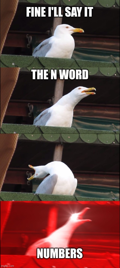 ight | FINE I'LL SAY IT; THE N WORD; NUMBERS | image tagged in memes,inhaling seagull | made w/ Imgflip meme maker