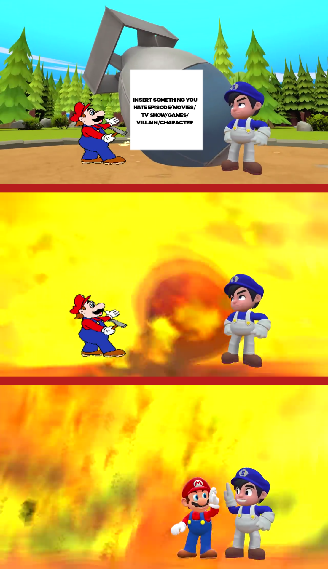 Mario and SMG4 Explodes _____________ (BLANK) Blank Meme Template