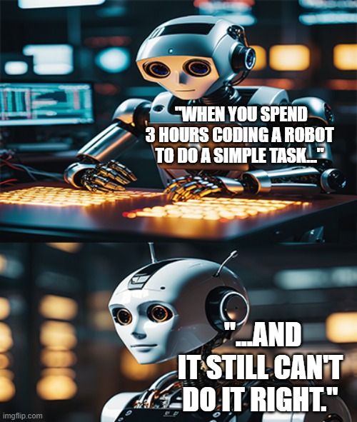 Robotics | "WHEN YOU SPEND 3 HOURS CODING A ROBOT TO DO A SIMPLE TASK..."; "...AND IT STILL CAN'T DO IT RIGHT." | image tagged in coding,mr robot,funny memes,memes | made w/ Imgflip meme maker