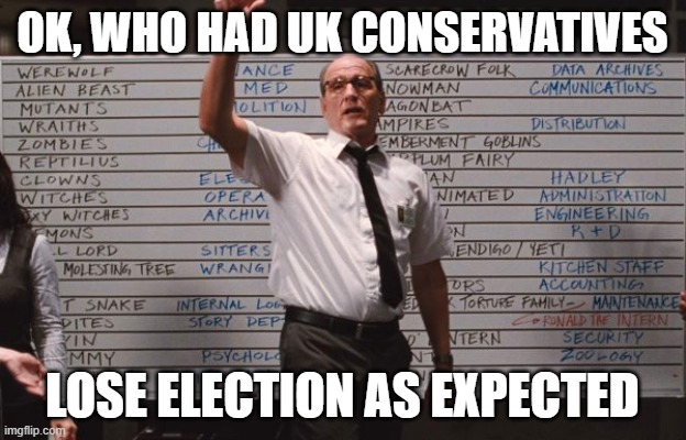 Keir Keir | OK, WHO HAD UK CONSERVATIVES; LOSE ELECTION AS EXPECTED | image tagged in cabin the the woods,memes,uk,election,rishi sunak,keir starmer | made w/ Imgflip meme maker