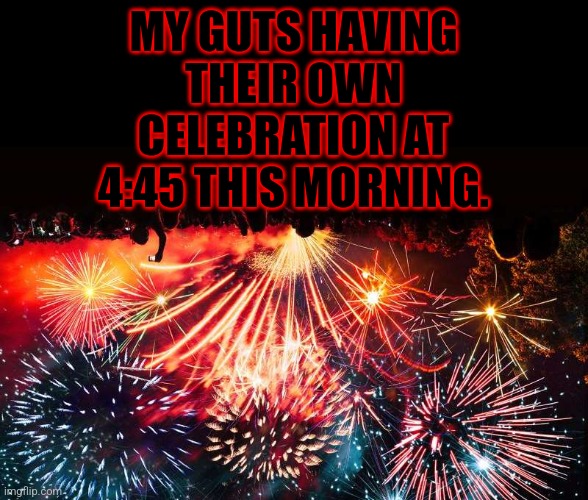 They decided to celebrate Indigestion Day. | MY GUTS HAVING THEIR OWN CELEBRATION AT 4:45 THIS MORNING. | image tagged in fireworks,narrow black strip background,memes,independence day,indigestion day | made w/ Imgflip meme maker