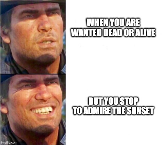 You know when you know | WHEN YOU ARE WANTED DEAD OR ALIVE; BUT YOU STOP TO ADMIRE THE SUNSET | image tagged in arthur morgan | made w/ Imgflip meme maker