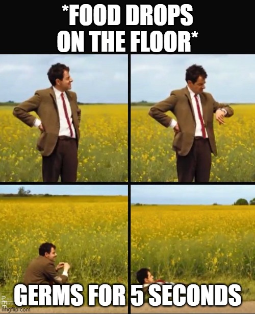 patience | *FOOD DROPS ON THE FLOOR*; GERMS FOR 5 SECONDS | image tagged in mr bean waiting | made w/ Imgflip meme maker