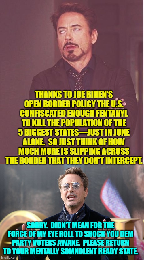 Yes, Dem Party voters; wouldn't want to shock you into thinking. | THANKS TO JOE BIDEN'S OPEN BORDER POLICY THE U.S. CONFISCATED ENOUGH FENTANYL TO KILL THE POPULATION OF THE 5 BIGGEST STATES—JUST IN JUNE ALONE.  SO JUST THINK OF HOW MUCH MORE IS SLIPPING ACROSS THE BORDER THAT THEY DON'T INTERCEPT. SORRY.  DIDN'T MEAN FOR THE FORCE OF MY EYE ROLL TO SHOCK YOU DEM PARTY VOTERS AWAKE.  PLEASE RETURN TO YOUR MENTALLY SOMNOLENT READY STATE. | image tagged in face you make robert downey jr | made w/ Imgflip meme maker