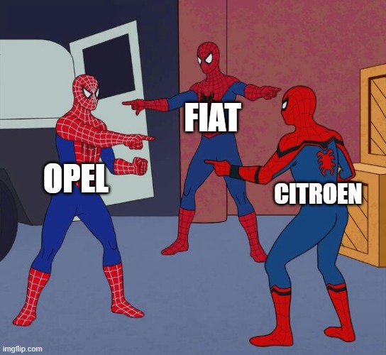 Spider Man Triple | FIAT; OPEL; CITROEN | image tagged in spider man triple | made w/ Imgflip meme maker