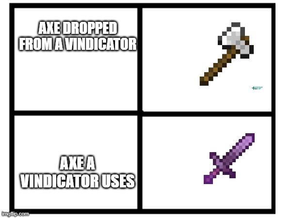 how do vindicators do so much damage with just an iron axe | AXE DROPPED FROM A VINDICATOR; AXE A VINDICATOR USES | image tagged in minecraft memes,minecraft | made w/ Imgflip meme maker