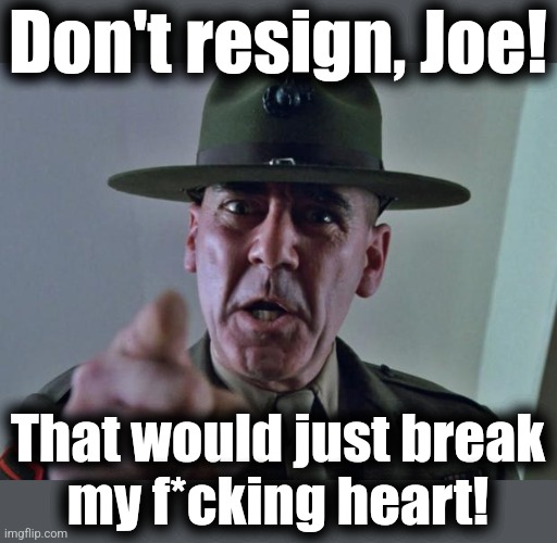 Hang in there until the bitter end of the democrat party! | Don't resign, Joe! That would just break
my f*cking heart! | image tagged in drill sergeant,memes,joe biden,dementia,resignation,democrats | made w/ Imgflip meme maker
