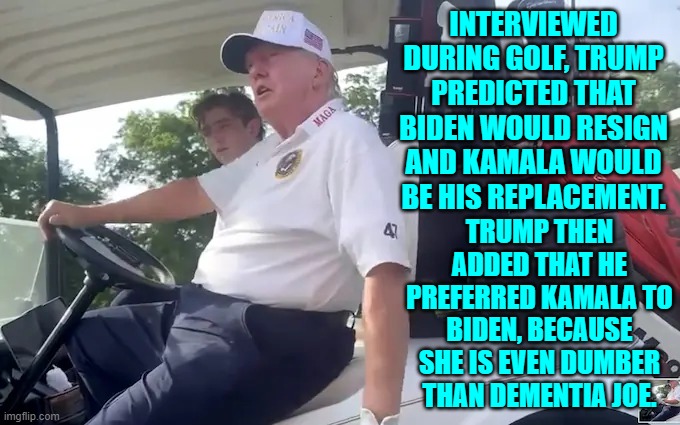 Imagine being dumber than Dementia Joe Biden.  Shudder! | INTERVIEWED DURING GOLF, TRUMP PREDICTED THAT BIDEN WOULD RESIGN AND KAMALA WOULD BE HIS REPLACEMENT. TRUMP THEN ADDED THAT HE PREFERRED KAMALA TO BIDEN, BECAUSE SHE IS EVEN DUMBER THAN DEMENTIA JOE. | image tagged in yep | made w/ Imgflip meme maker