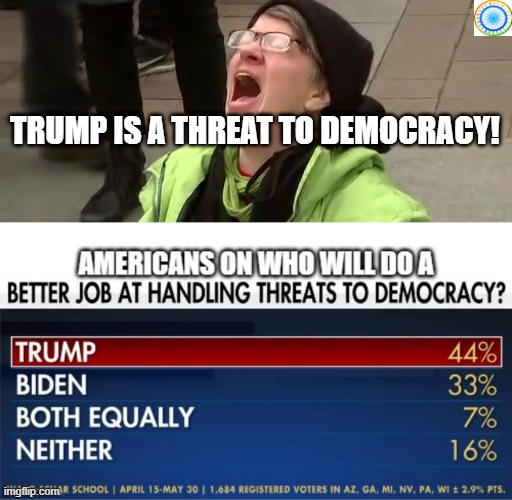 politics | TRUMP IS A THREAT TO DEMOCRACY! | image tagged in political meme | made w/ Imgflip meme maker