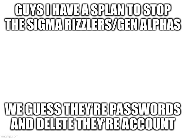 Ye | GUYS I HAVE A SPLAN TO STOP THE SIGMA RIZZLERS/GEN ALPHAS; WE GUESS THEY’RE PASSWORDS AND DELETE THEY’RE ACCOUNT | made w/ Imgflip meme maker