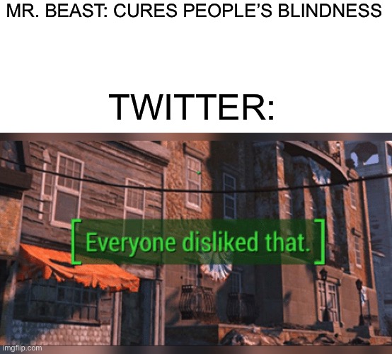 Twitter be like | MR. BEAST: CURES PEOPLE’S BLINDNESS; TWITTER: | image tagged in fallout 4 everyone disliked that,twitter | made w/ Imgflip meme maker