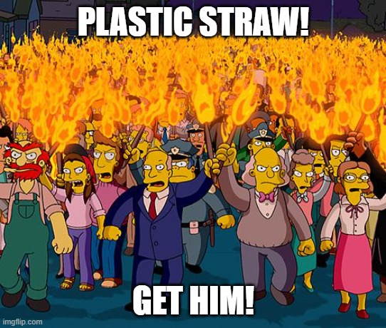 angry mob | PLASTIC STRAW! GET HIM! | image tagged in angry mob | made w/ Imgflip meme maker