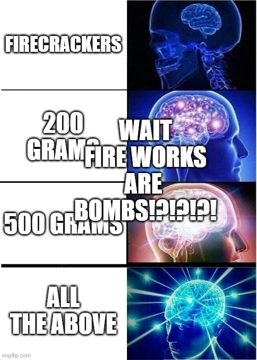 FIREWORKS | FIRECRACKERS; WAIT FIRE WORKS ARE  BOMBS!?!?!?! 200 GRAMS; 500 GRAMS; ALL THE ABOVE | image tagged in memes,expanding brain,funny,funny memes,fireworks,4th of july | made w/ Imgflip meme maker