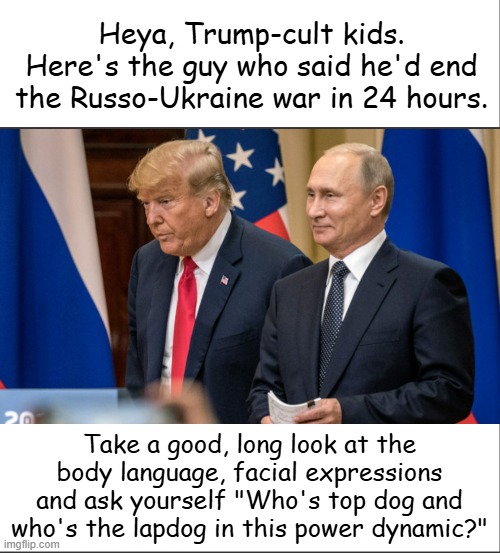 "Just sayin'..." *OR* "So capitulation, then?" | Heya, Trump-cult kids. Here's the guy who said he'd end the Russo-Ukraine war in 24 hours. Take a good, long look at the body language, facial expressions and ask yourself "Who's top dog and who's the lapdog in this power dynamic?" | image tagged in white bar,accomplice,trump putin | made w/ Imgflip meme maker