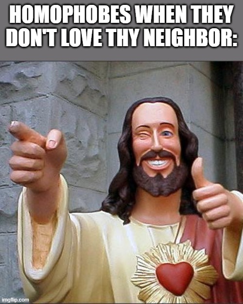 Meme | HOMOPHOBES WHEN THEY DON'T LOVE THY NEIGHBOR: | image tagged in memes,buddy christ | made w/ Imgflip meme maker