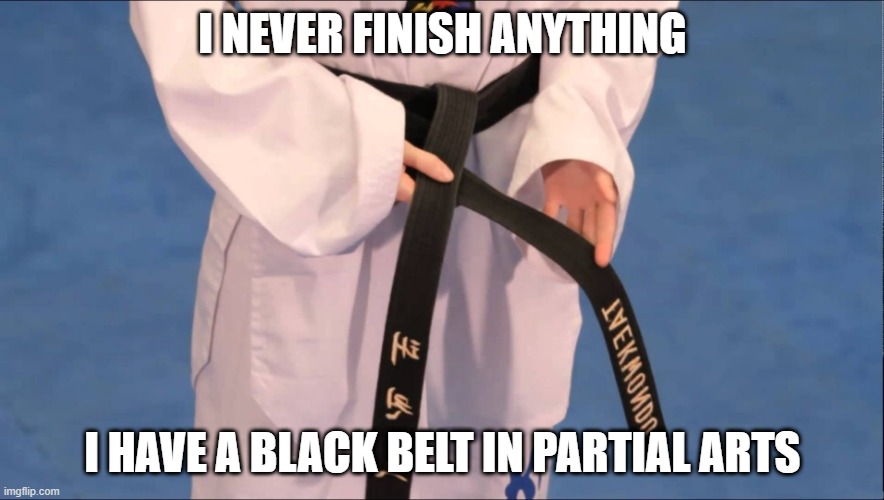 Black Belt | I NEVER FINISH ANYTHING; I HAVE A BLACK BELT IN PARTIAL ARTS | image tagged in black belt | made w/ Imgflip meme maker