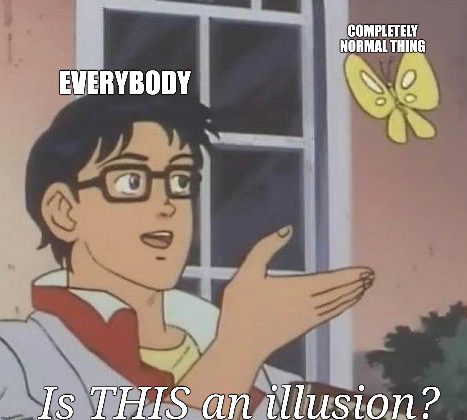 is this butterfly | COMPLETELY NORMAL THING; EVERYBODY; Is THIS an illusion? | image tagged in is this butterfly | made w/ Imgflip meme maker