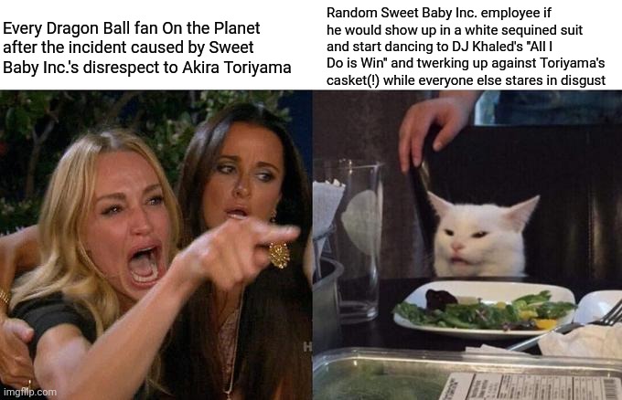 Woman Yelling At Cat Meme | Every Dragon Ball fan On the Planet after the incident caused by Sweet Baby Inc.'s disrespect to Akira Toriyama; Random Sweet Baby Inc. employee if he would show up in a white sequined suit and start dancing to DJ Khaled's "All I Do is Win" and twerking up against Toriyama's casket(!) while everyone else stares in disgust | image tagged in memes,woman yelling at cat,sweet baby inc,dj khaled,dragon ball,akira toriyama | made w/ Imgflip meme maker