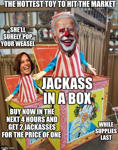 THE HOTTEST TOY TO HIT THE MARKET; SHE’LL SURELY POP YOUR WEASEL; JACKASS IN A BOX; BUY NOW IN THE NEXT 4 HOURS AND GET 2 JACKASSES FOR THE PRICE OF ONE; WHILE SUPPLIES LAST | made w/ Imgflip meme maker