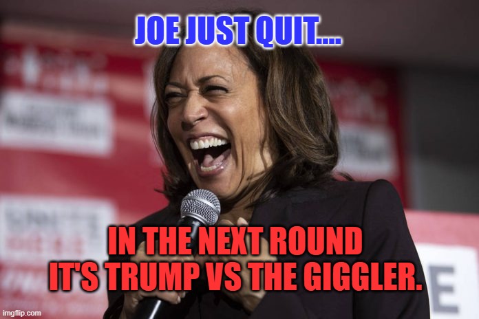 Kamala laughing | JOE JUST QUIT.... IN THE NEXT ROUND IT'S TRUMP VS THE GIGGLER. | image tagged in kamala laughing | made w/ Imgflip meme maker