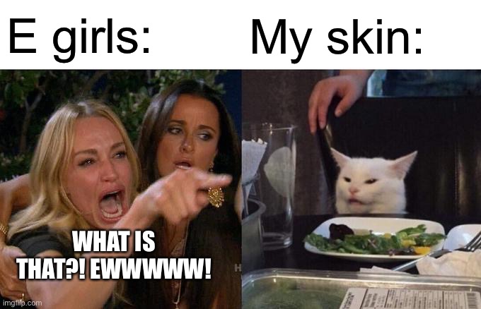 Woman Yelling At Cat | E girls:; My skin:; WHAT IS THAT?! EWWWWW! | image tagged in memes,woman yelling at cat | made w/ Imgflip meme maker