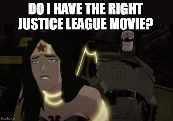 do i have the right justice league movie? | DO I HAVE THE RIGHT JUSTICE LEAGUE MOVIE? | image tagged in batman,funny,wonder woman,justice league,movie,bdsm | made w/ Imgflip meme maker