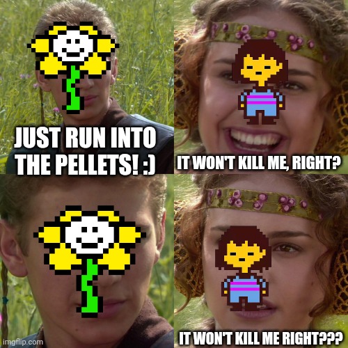 "..." | JUST RUN INTO THE PELLETS! :); IT WON'T KILL ME, RIGHT? IT WON'T KILL ME RIGHT??? | image tagged in anakin padme 4 panel,flowey,frisk,undertale | made w/ Imgflip meme maker