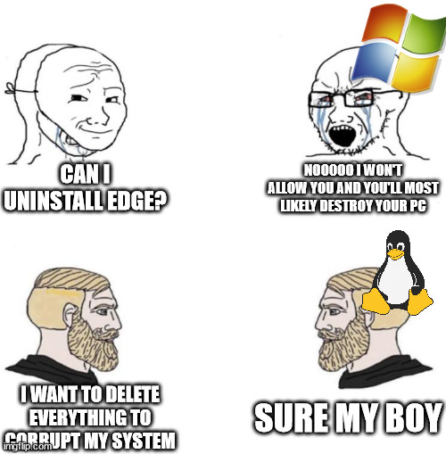 Chad we know | CAN I UNINSTALL EDGE? NOOOOO I WON'T ALLOW YOU AND YOU'LL MOST LIKELY DESTROY YOUR PC; SURE MY BOY; I WANT TO DELETE EVERYTHING TO CORRUPT MY SYSTEM | image tagged in chad we know,memes,funny | made w/ Imgflip meme maker
