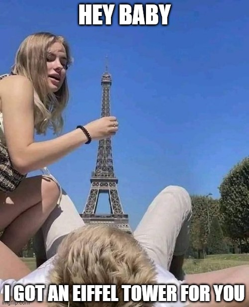 Vive La France | HEY BABY; I GOT AN EIFFEL TOWER FOR YOU | image tagged in sex jokes | made w/ Imgflip meme maker