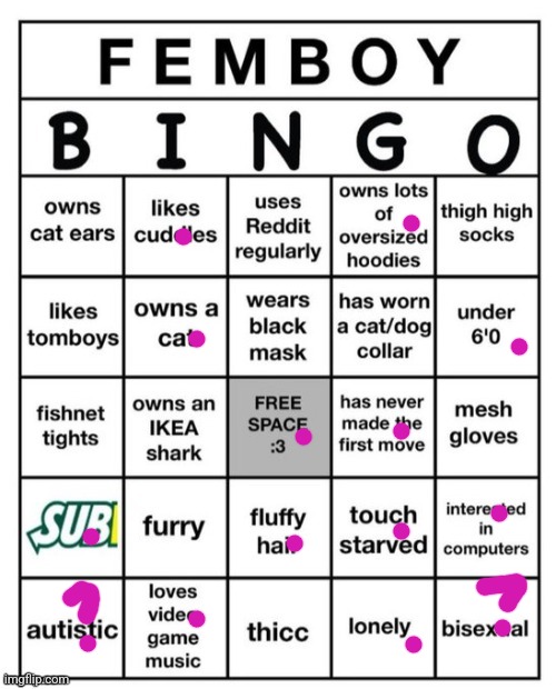 i dont own any of the items cus i dont have access to them | image tagged in femboy bingo | made w/ Imgflip meme maker