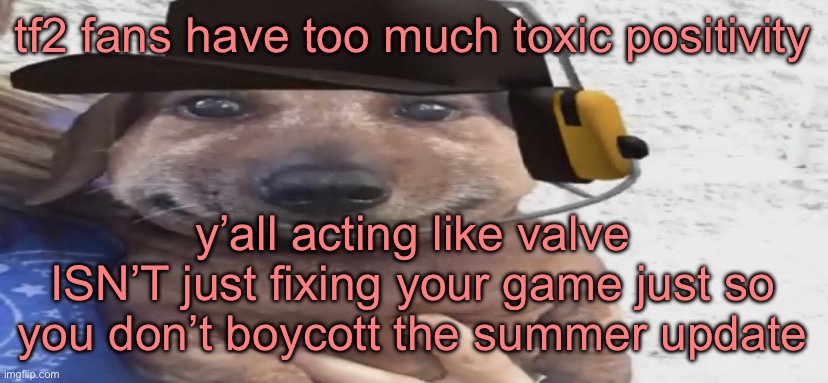 This isn’t the same cool company that made Half-Life games! They want money now!!!!!!!!!! | tf2 fans have too much toxic positivity; y’all acting like valve ISN’T just fixing your game just so you don’t boycott the summer update | image tagged in chucklenuts | made w/ Imgflip meme maker