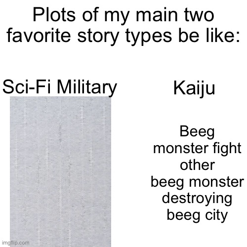 Literally | Plots of my main two favorite story types be like:; Sci-Fi Military; Kaiju; Beeg monster fight other beeg monster destroying beeg city | image tagged in memes | made w/ Imgflip meme maker