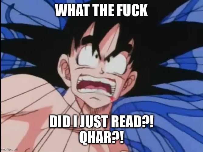 Shocked, Troubled Goku | WHAT THE FUCK DID I JUST READ?!
QHAR?! | image tagged in shocked troubled goku | made w/ Imgflip meme maker