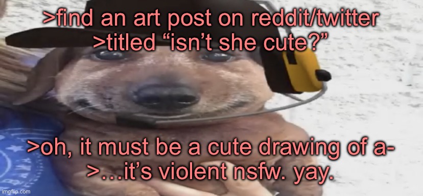 chucklenuts | >find an art post on reddit/twitter
>titled “isn’t she cute?”; >oh, it must be a cute drawing of a-
>…it’s violent nsfw. yay. | image tagged in chucklenuts | made w/ Imgflip meme maker