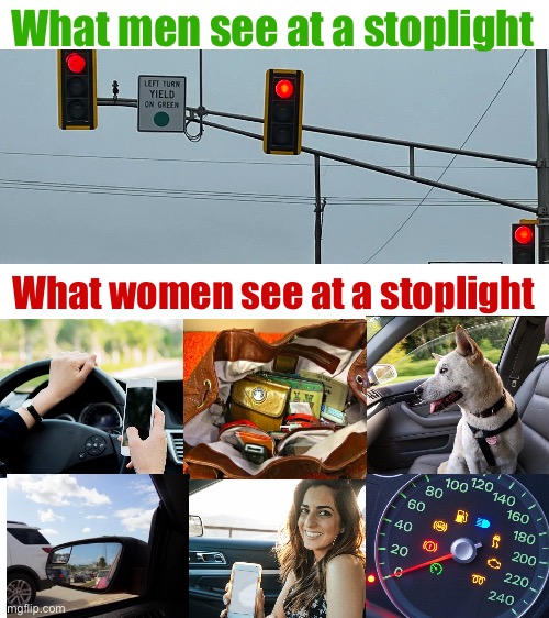 What men see at a stoplight; What women see at a stoplight | image tagged in stoplight,men vs women,women vs men,traffic light | made w/ Imgflip meme maker