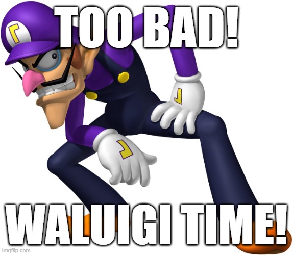 TOO BAD! WALUIGI TIME! | TOO BAD! WALUIGI TIME! | image tagged in too bad waluigi time | made w/ Imgflip meme maker