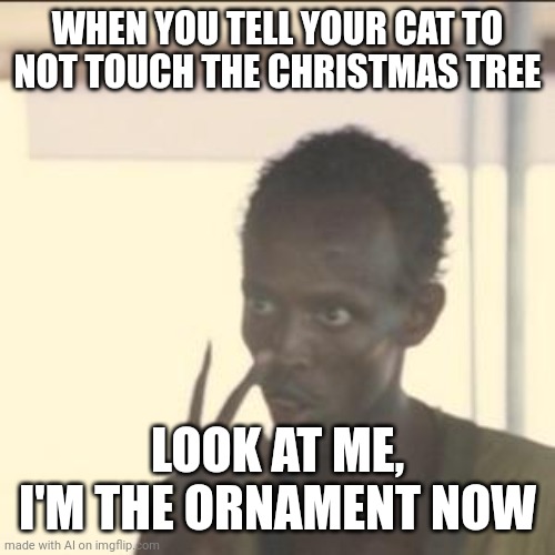 Look At Me Meme | WHEN YOU TELL YOUR CAT TO NOT TOUCH THE CHRISTMAS TREE; LOOK AT ME, I'M THE ORNAMENT NOW | image tagged in memes,look at me | made w/ Imgflip meme maker