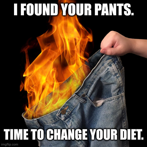 Liar, liar, pants on fire! | I FOUND YOUR PANTS. TIME TO CHANGE YOUR DIET. | image tagged in conspiracy theories,memes,irrational,liar liar pants on fire,propaganda,hot air | made w/ Imgflip meme maker