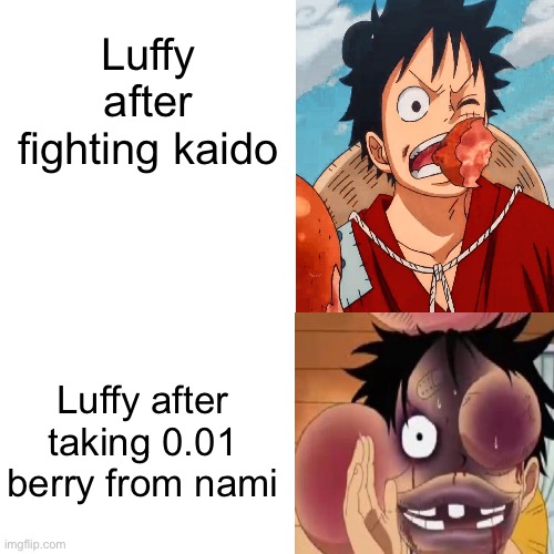 Luffy after fighting kaido; Luffy after taking 0.01 berry from nami | made w/ Imgflip meme maker