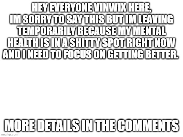 good bye :( | HEY EVERYONE VINWIX HERE, IM SORRY TO SAY THIS BUT IM LEAVING TEMPORARILY BECAUSE MY MENTAL HEALTH IS IN A SHITTY SPOT RIGHT NOW AND I NEED TO FOCUS ON GETTING BETTER. MORE DETAILS IN THE COMMENTS | image tagged in goodbye | made w/ Imgflip meme maker