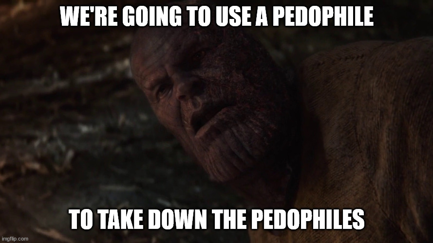 Thanos I Used The Stones To Destroy The Stones | WE'RE GOING TO USE A PEDOPHILE; TO TAKE DOWN THE PEDOPHILES | image tagged in thanos i used the stones to destroy the stones | made w/ Imgflip meme maker