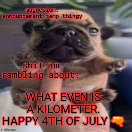 pug temp | WHAT EVEN IS A KILOMETER. HAPPY 4TH OF JULY 🔫 | image tagged in pug temp | made w/ Imgflip meme maker