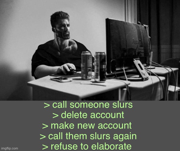 Gigachad On The Computer | > call someone slurs
> delete account
> make new account 
> call them slurs again
> refuse to elaborate | image tagged in gigachad on the computer | made w/ Imgflip meme maker