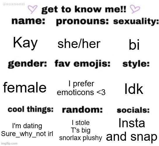 get to know me but better | Kay; she/her; bi; I prefer emoticons <3; Idk; female; Insta and snap; I stole T's big snorlax plushy; I'm dating Sure_why_not irl | image tagged in get to know me but better | made w/ Imgflip meme maker